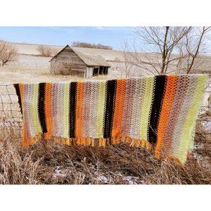 Vintage 1970s Fringed Stripe Crochet Afghan 64x81"